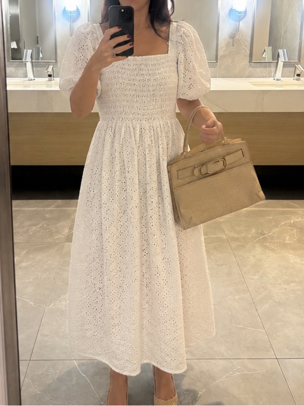 White Eyelet Midi Dress with Puff Sleeves